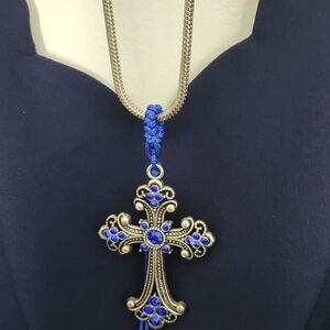 Elegant Blue and Silver Cross Pendant Necklace